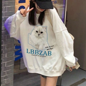 Coke serisi Letter & Cat Graphic Drop Shoulder Pullover