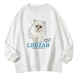 Coke serisi Letter & Cat Graphic Drop Shoulder Pullover