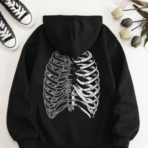 Coke serisi Skeleton Print Zip Up Thermal Lined Drawstring Hoodie