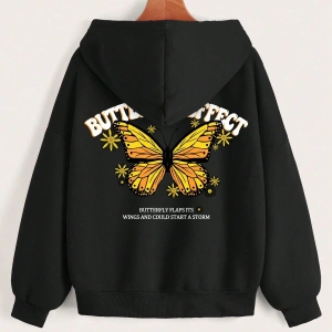 Coke serisi Slogan & Butterfly Print Drop Shoulder Drawstring Zipper Thermal Lined Hoodie