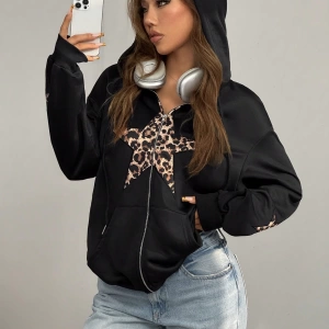 Comfortcana Kadın Kapşonlu Sweatshirt Leopar Yıldız Yamaları ve Bağcıklı Model 5203