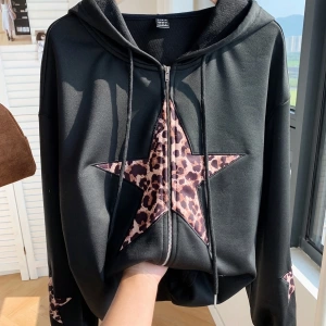 Comfortcana Kadın Kapşonlu Sweatshirt Leopar Yıldız Yamaları ve Bağcıklı Model 5203