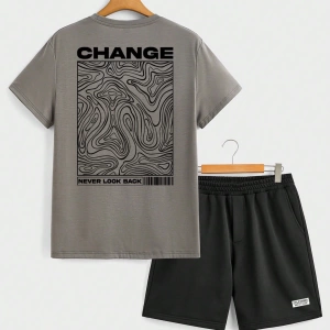 Contour Line Casual Baskılı Erkek Standart Beden Tişört Takımı