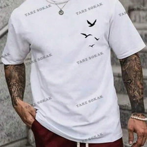 Cool Art Minimal Kuşlar Tişört - Siyah Baskılı Oversize Yazlık Kısa Kol T-shirt Bisiklet