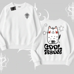 Cool Meow Yazılı Sevimli Kedi Arka Baskılı Biskilet Sweatshirt