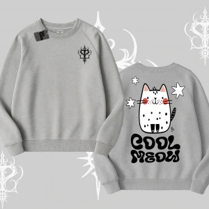 Cool Meow Yazılı Sevimli Kedi Arka Baskılı Biskilet Sweatshirt