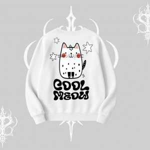 Cool Meow Yazılı Sevimli Kedi Arka Baskılı Biskilet Sweatshirt