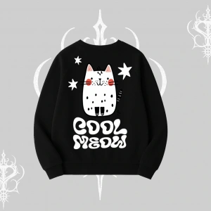 Cool Meow Yazılı Sevimli Kedi Arka Baskılı Biskilet Sweatshirt