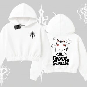 Cool Meow Yazılı Sevimli Kedi Arka Baskılı Kapşonlu Crop Sweatshirt