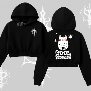 Cool Meow Yazılı Sevimli Kedi Arka Baskılı Kapşonlu Crop Sweatshirt
