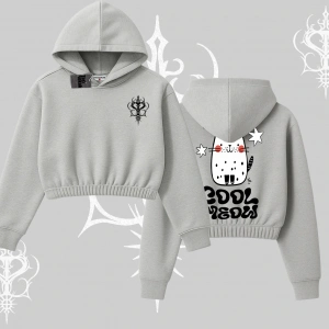 Cool Meow Yazılı Sevimli Kedi Arka Baskılı Kapşonlu Crop Sweatshirt