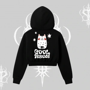 Cool Meow Yazılı Sevimli Kedi Arka Baskılı Kapşonlu Crop Sweatshirt