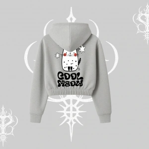 Cool Meow Yazılı Sevimli Kedi Arka Baskılı Kapşonlu Crop Sweatshirt