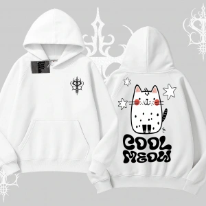 Cool Meow Yazılı Sevimli Kedi Arka Baskılı Kapşonlu Sweatshirt