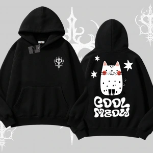 Cool Meow Yazılı Sevimli Kedi Arka Baskılı Kapşonlu Sweatshirt