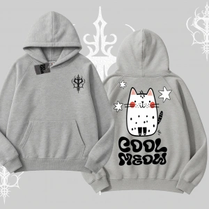 Cool Meow Yazılı Sevimli Kedi Arka Baskılı Kapşonlu Sweatshirt