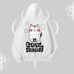 Cool Meow Yazılı Sevimli Kedi Arka Baskılı Kapşonlu Sweatshirt