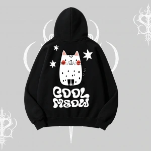 Cool Meow Yazılı Sevimli Kedi Arka Baskılı Kapşonlu Sweatshirt