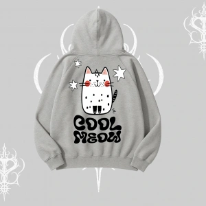 Cool Meow Yazılı Sevimli Kedi Arka Baskılı Kapşonlu Sweatshirt