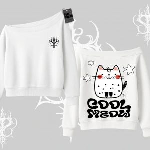 Cool Meow Yazılı Sevimli Kedi Arka Baskılı Kayık Yaka Sweatshirt