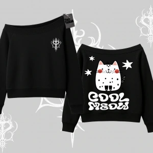 Cool Meow Yazılı Sevimli Kedi Arka Baskılı Kayık Yaka Sweatshirt