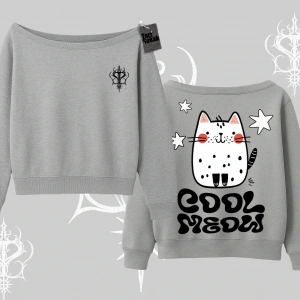 Cool Meow Yazılı Sevimli Kedi Arka Baskılı Kayık Yaka Sweatshirt