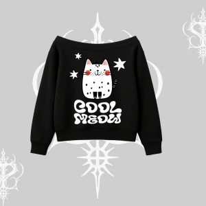 Cool Meow Yazılı Sevimli Kedi Arka Baskılı Kayık Yaka Sweatshirt