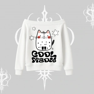 Cool Meow Yazılı Sevimli Kedi Arka Baskılı Kayık Yaka Sweatshirt