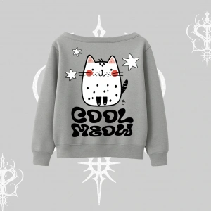 Cool Meow Yazılı Sevimli Kedi Arka Baskılı Kayık Yaka Sweatshirt