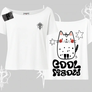 Cool Meow Yazılı Sevimli Kedi Arka Baskılı Kayık Yaka Tshirt