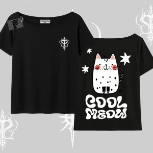 Cool Meow Yazılı Sevimli Kedi Arka Baskılı Kayık Yaka Tshirt