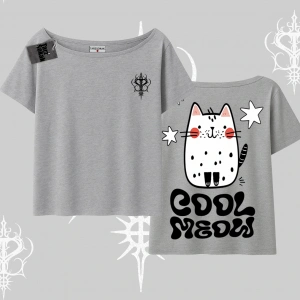 Cool Meow Yazılı Sevimli Kedi Arka Baskılı Kayık Yaka Tshirt