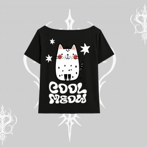 Cool Meow Yazılı Sevimli Kedi Arka Baskılı Kayık Yaka Tshirt