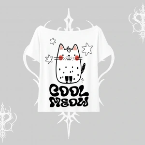 Cool Meow Yazılı Sevimli Kedi Arka Baskılı Kayık Yaka Tshirt