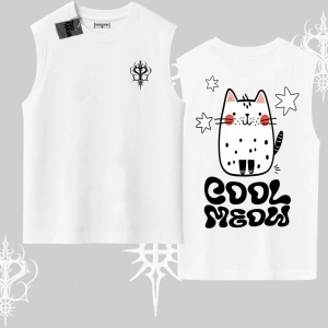 Cool Meow Yazılı Sevimli Kedi Arka Baskılı Kolsuz Tshirt