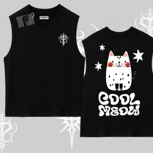 Cool Meow Yazılı Sevimli Kedi Arka Baskılı Kolsuz Tshirt