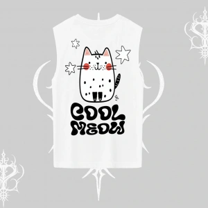 Cool Meow Yazılı Sevimli Kedi Arka Baskılı Kolsuz Tshirt
