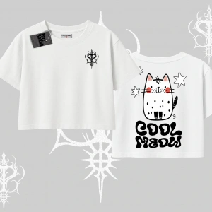 Cool Meow Yazılı Sevimli Kedi Arka Baskılı Oversize Crop Tshirt