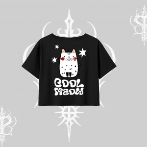 Cool Meow Yazılı Sevimli Kedi Arka Baskılı Oversize Crop Tshirt
