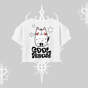 Cool Meow Yazılı Sevimli Kedi Arka Baskılı Oversize Crop Tshirt