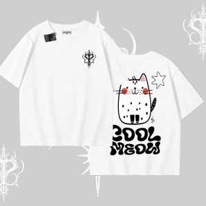 Cool Meow Yazılı Sevimli Kedi Arka Baskılı Oversize Tshirt