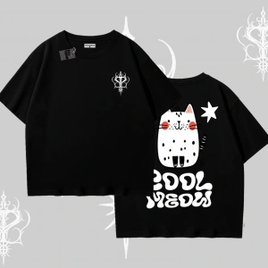 Cool Meow Yazılı Sevimli Kedi Arka Baskılı Oversize Tshirt