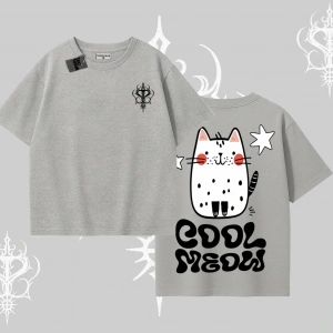 Cool Meow Yazılı Sevimli Kedi Arka Baskılı Oversize Tshirt
