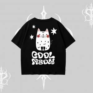 Cool Meow Yazılı Sevimli Kedi Arka Baskılı Oversize Tshirt