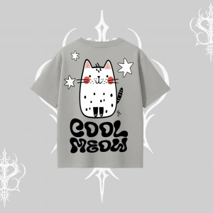Cool Meow Yazılı Sevimli Kedi Arka Baskılı Oversize Tshirt
