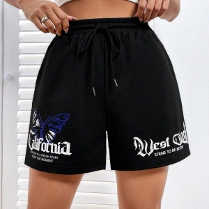 Coolane Butterfly & Letter Graphic Drawstring Waist Şort
