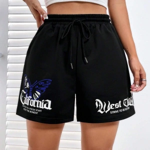 Coolane Butterfly & Letter Graphic Drawstring Waist Şort
