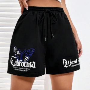 Coolane Butterfly & Letter Graphic Drawstring Waist Şort