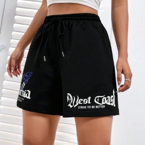 Coolane Butterfly & Letter Graphic Drawstring Waist Şort