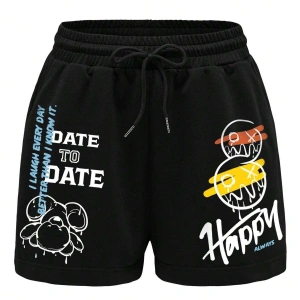 Coolane Cartoon & Slogan Graphic Drawstring Waist Şort